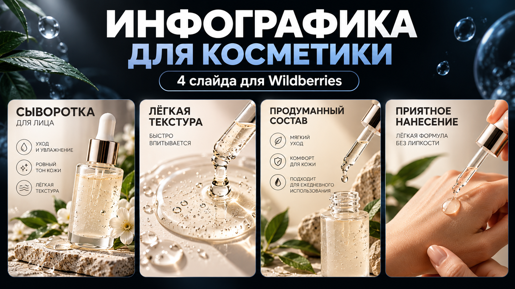 Инфографика для косметики на Wildberries: 4 слайда без ошибок